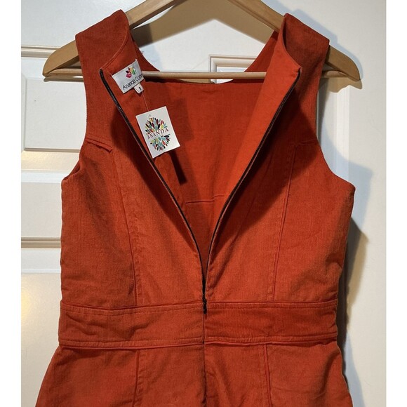 NWT Ananda Women’s Small Corduroy Sleeveless Dress Stretch Pocket Button Orange - Picture 5 of 6